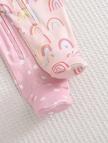 Cozy Pixies 新生女嬰彩虹卡通波點愛心圖案甜美可愛針織軟綿圓領長袖連身衣與褲子2件套 - 粉色 - 查看 4