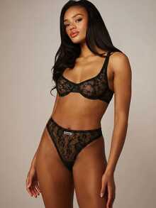 MISSGUIDED MSGD Floral Lace Thong With Scallop Edge Trim, Sheer Branded Logo Detail, Elegant Lingerie Underwear - Black - View 3