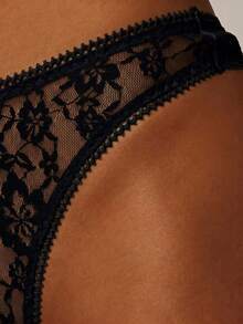 MISSGUIDED MSGD Floral Lace Thong With Scallop Edge Trim, Sheer Branded Logo Detail, Elegant Lingerie Underwear - Black - View 5