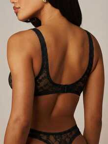 MISSGUIDED MSGD Floral Lace Thong With Scallop Edge Trim, Sheer Branded Logo Detail, Elegant Lingerie Underwear - Black - View 2