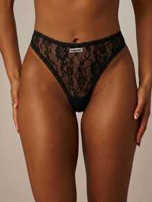 MISSGUIDED MSGD Floral Lace Thong With Scallop Edge Trim, Sheer Branded Logo Detail, Elegant Lingerie Underwear - Black - View 1