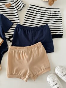 SHEIN 6件組新生兒嬰兒黑白條紋夏季休閒可愛家庭套裝中性款 - 寶藍色 - 查看 8