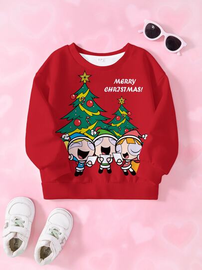 THE POWERPUFF GIRLS X SHEIN sweat-shirt à manches longues décontracté pour jeune fille avec imprimé de lettres et de dessins animés