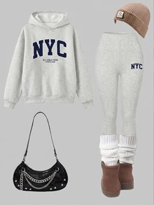 SHEIN Hooded Drop Shoulder Sweatshirt Kids Slim Fit Leggings 2 Pieces Set Autumn/Winter School Sports Athletic Scene Light Grey - 彩色 - 查看 4