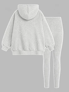 SHEIN Hooded Drop Shoulder Sweatshirt Kids Slim Fit Leggings 2 Pieces Set Autumn/Winter School Sports Athletic Scene Light Grey - 彩色 - 查看 2