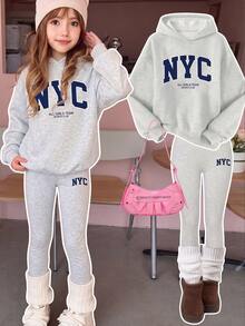 SHEIN Hooded Drop Shoulder Sweatshirt Kids Slim Fit Leggings 2 Pieces Set Autumn/Winter School Sports Athletic Scene Light Grey - 彩色 - 查看 3