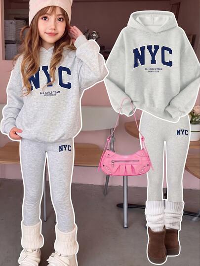 SHEIN Hooded Drop Shoulder Sweatshirt Kids Slim Fit Leggings 2 Pieces Set Autumn/Winter School Sports Athletic Scene Light Grey