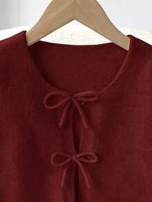 SHEIN Tween Girls' Beige Cardigan,Autumn Casual Back-To-School Minimalist Comfortable Neck Long Sleeve Tween Girl Winter Sweaters - Burgundy - View 4