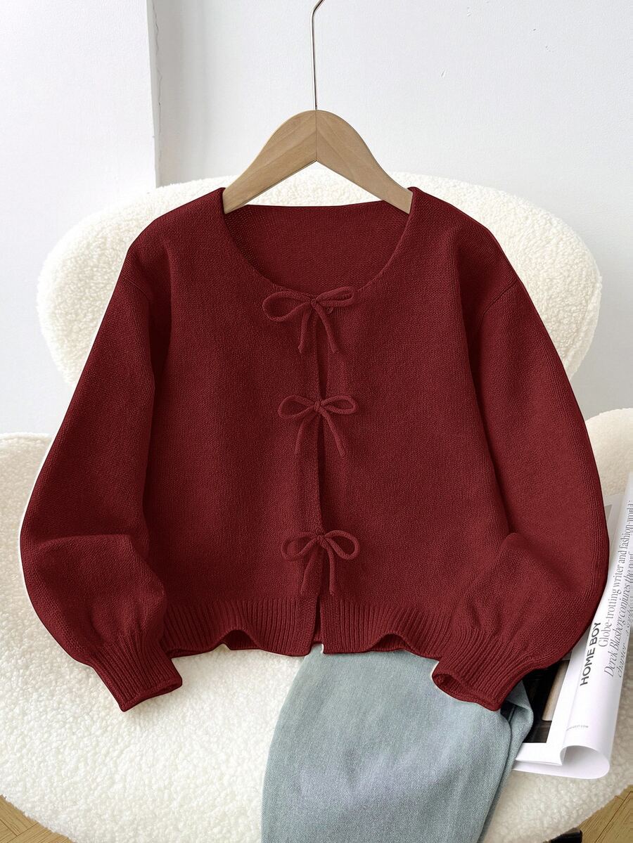 SHEIN Tween Girls' Beige Cardigan,Autumn Casual Back-To-School Minimalist Comfortable Neck Long Sleeve Tween Girl Winter Sweaters - Burgundy - View 1