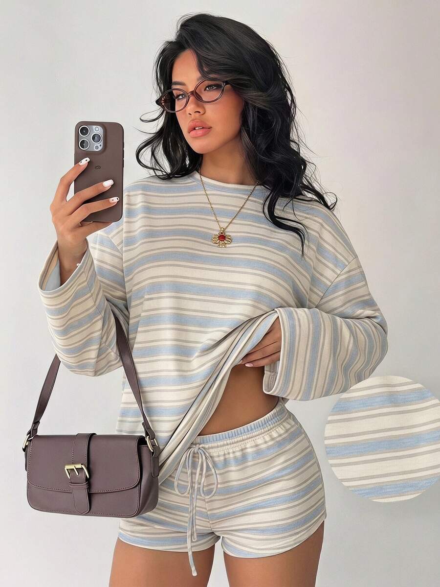 Aloruh 女款初秋休閒條紋圓領長袖上衣與抽繩腰短褲兩件套 - 杏色 - 查看 1