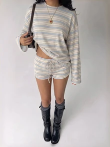 Aloruh 女款初秋休閒條紋圓領長袖上衣與抽繩腰短褲兩件套 - 杏色 - 查看 5