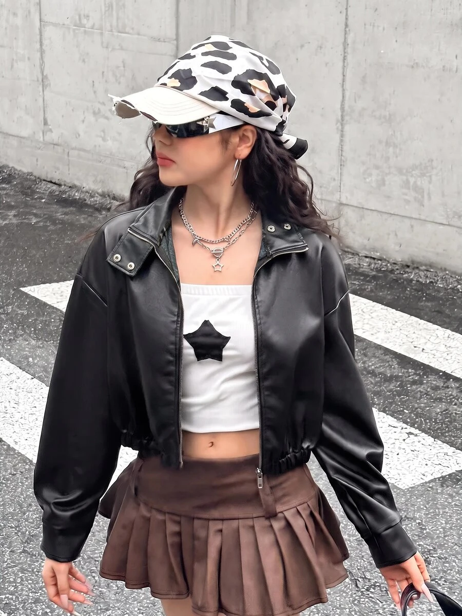 SHEIN 青少年女孩黑色翻領純色PU皮革夾克,短版休閒街頭風,酷感街頭風運動騎行拉鍊外套,百搭秋季外套 - 黑色 - 查看 1