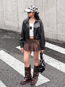 SHEIN 青少年女孩黑色翻領純色PU皮革夾克，短版休閒街頭風，酷感街頭風運動騎行拉鍊外套，百搭秋季外套 - 黑色 - 查看 4