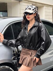 SHEIN 青少年女孩黑色翻領純色PU皮革夾克，短版休閒街頭風，酷感街頭風運動騎行拉鍊外套，百搭秋季外套 - 黑色 - 查看 3