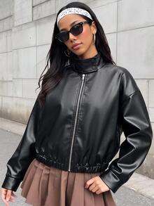 SHEIN 青少年女孩黑色翻領純色PU皮革夾克，短版休閒街頭風，酷感街頭風運動騎行拉鍊外套，百搭秋季外套 - 黑色 - 查看 5