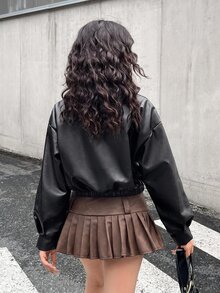 SHEIN 青少年女孩黑色翻領純色PU皮革夾克，短版休閒街頭風，酷感街頭風運動騎行拉鍊外套，百搭秋季外套 - 黑色 - 查看 2