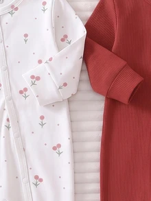 2pcs/Set Newborn Full Snap Footed Romper, Sweet Ditsy Floral + Ribbed Solid Color Long Sleeve Snap Button Soft Home Sleepwear Crawl Suit - Multicolor - View 6