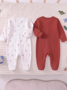 2pcs/Set Newborn Full Snap Footed Romper, Sweet Ditsy Floral + Ribbed Solid Color Long Sleeve Snap Button Soft Home Sleepwear Crawl Suit - Multicolor - View 2