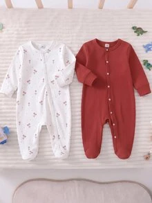 2pcs/Set Newborn Full Snap Footed Romper, Sweet Ditsy Floral + Ribbed Solid Color Long Sleeve Snap Button Soft Home Sleepwear Crawl Suit - Multicolor - View 4