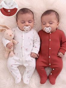 2pcs/Set Newborn Full Snap Footed Romper, Sweet Ditsy Floral + Ribbed Solid Color Long Sleeve Snap Button Soft Home Sleepwear Crawl Suit - Multicolor - View 5