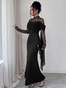 Elenzga Women's High Neck Lace Long Sleeve Dress, Off-Shoulder Ruched Satin Formal Evening Gown - Black - View 1