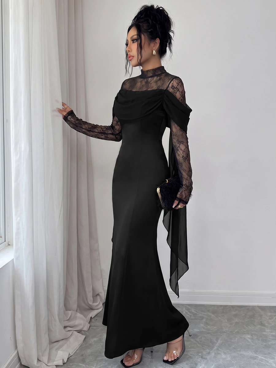 Elenzga Women's High Neck Lace Long Sleeve Dress, Off-Shoulder Ruched Satin Formal Evening Gown - Black - View 1
