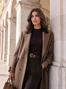 Anewsta Autumn/Winter New Elegant Modern Casual Daily Versatile Commute Colorblock Design Oversized Loose Fit Women's Wool Long Coat - Brown - View 6