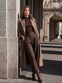 Anewsta Autumn/Winter New Elegant Modern Casual Daily Versatile Commute Colorblock Design Oversized Loose Fit Women's Wool Long Coat - Brown - View 2