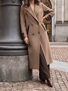 Anewsta Autumn/Winter New Elegant Modern Casual Daily Versatile Commute Colorblock Design Oversized Loose Fit Women's Wool Long Coat - Brown - View 3
