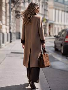 Anewsta Autumn/Winter New Elegant Modern Casual Daily Versatile Commute Colorblock Design Oversized Loose Fit Women's Wool Long Coat - Brown - View 7