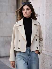 Anewsta Women's Solid Color Casual Versatile Daily Travel Trench Coat Jacket - Beige - View 2