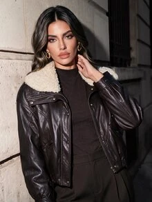 Anewsta Women's Vintage Lamb Wool Detachable Large Collar, Fashion Loose Short Motorcycle Leather Jacket Autumn/Winter - Brown - View 3