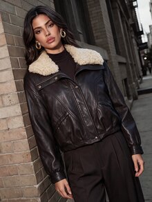 Anewsta Women's Vintage Lamb Wool Detachable Large Collar, Fashion Loose Short Motorcycle Leather Jacket Autumn/Winter - Brown - View 5