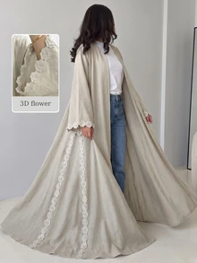 Yasmyna 女款燕麥色3D花卉蕾絲飾邊開襟長版亞芭亞開襟外套，喇叭袖亞麻混紡長款大衣，適合初秋通勤、節慶與宗教場合 - 卡其色 - 查看 5