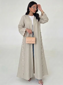 Yasmyna 女款燕麥色3D花卉蕾絲飾邊開襟長版亞芭亞開襟外套，喇叭袖亞麻混紡長款大衣，適合初秋通勤、節慶與宗教場合 - 卡其色 - 查看 7