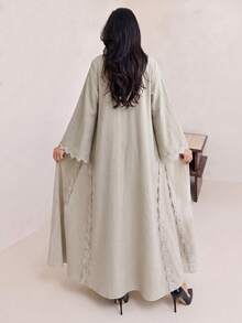 Yasmyna 女款燕麥色3D花卉蕾絲飾邊開襟長版亞芭亞開襟外套，喇叭袖亞麻混紡長款大衣，適合初秋通勤、節慶與宗教場合 - 卡其色 - 查看 3