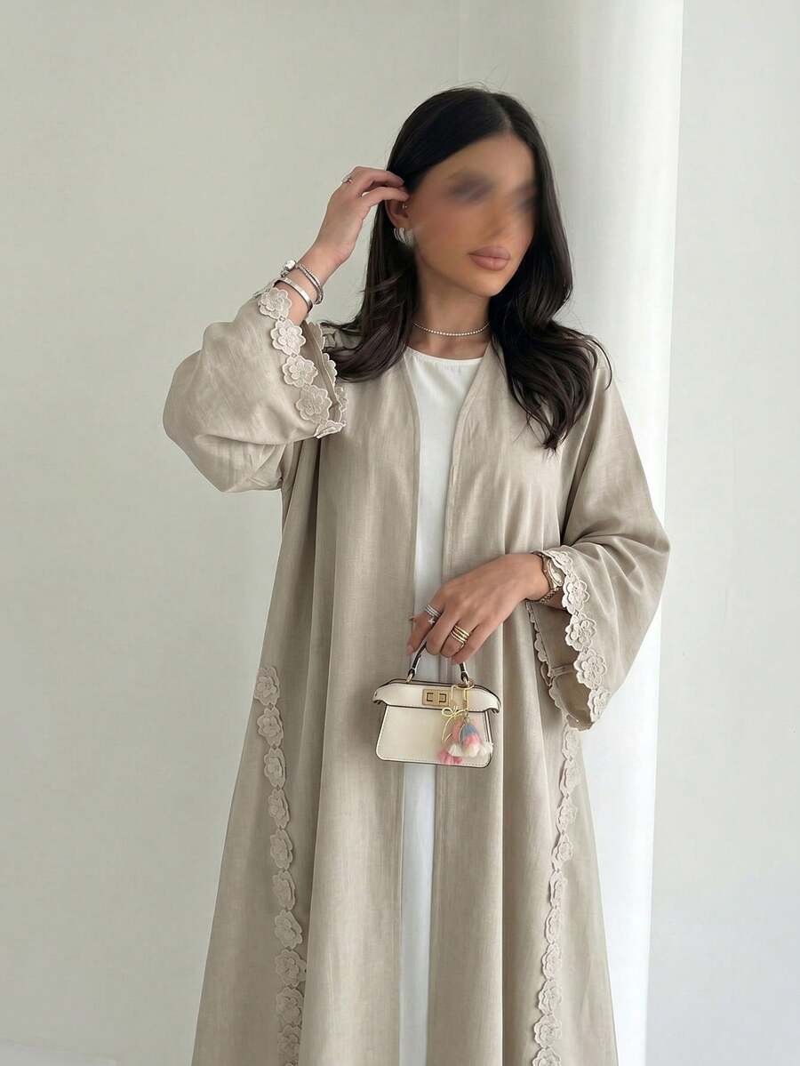 Yasmyna 女款燕麥色3D花卉蕾絲飾邊開襟長版亞芭亞開襟外套，喇叭袖亞麻混紡長款大衣，適合初秋通勤、節慶與宗教場合