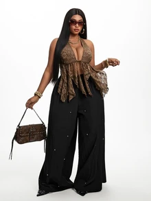 Maweii Plus Size Coffee Brown Vintage Lace Spaghetti Strap Spaghetti Strap American Hot Girl Asymmetric Ruffle Deep V-Neck Top - Brown - View 4