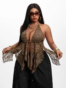 Maweii Plus Size Coffee Brown Vintage Lace Spaghetti Strap Spaghetti Strap American Hot Girl Asymmetric Ruffle Deep V-Neck Top - Brown - View 1