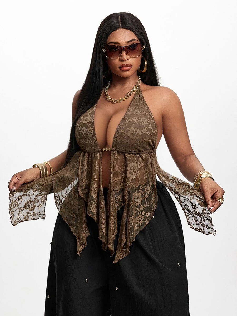 Maweii Plus Size Coffee Brown Vintage Lace Spaghetti Strap Spaghetti Strap American Hot Girl Asymmetric Ruffle Deep V-Neck Top - Brown - View 1