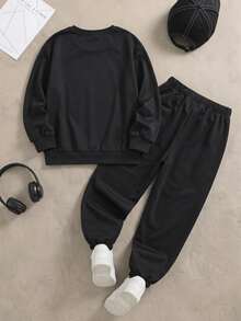SHEIN Coolqubz 2件組青少年男孩時尚黑白運動衫長褲套裝，圖案印花，街頭風，適合春秋、學校、外出，運動街頭穿搭 - 黑色 - 查看 3