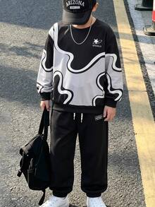 SHEIN Coolqubz 2件組青少年男孩時尚黑白運動衫長褲套裝，圖案印花，街頭風，適合春秋、學校、外出，運動街頭穿搭 - 黑色 - 查看 8