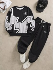 SHEIN Coolqubz 2件組青少年男孩時尚黑白運動衫長褲套裝，圖案印花，街頭風，適合春秋、學校、外出，運動街頭穿搭 - 黑色 - 查看 2