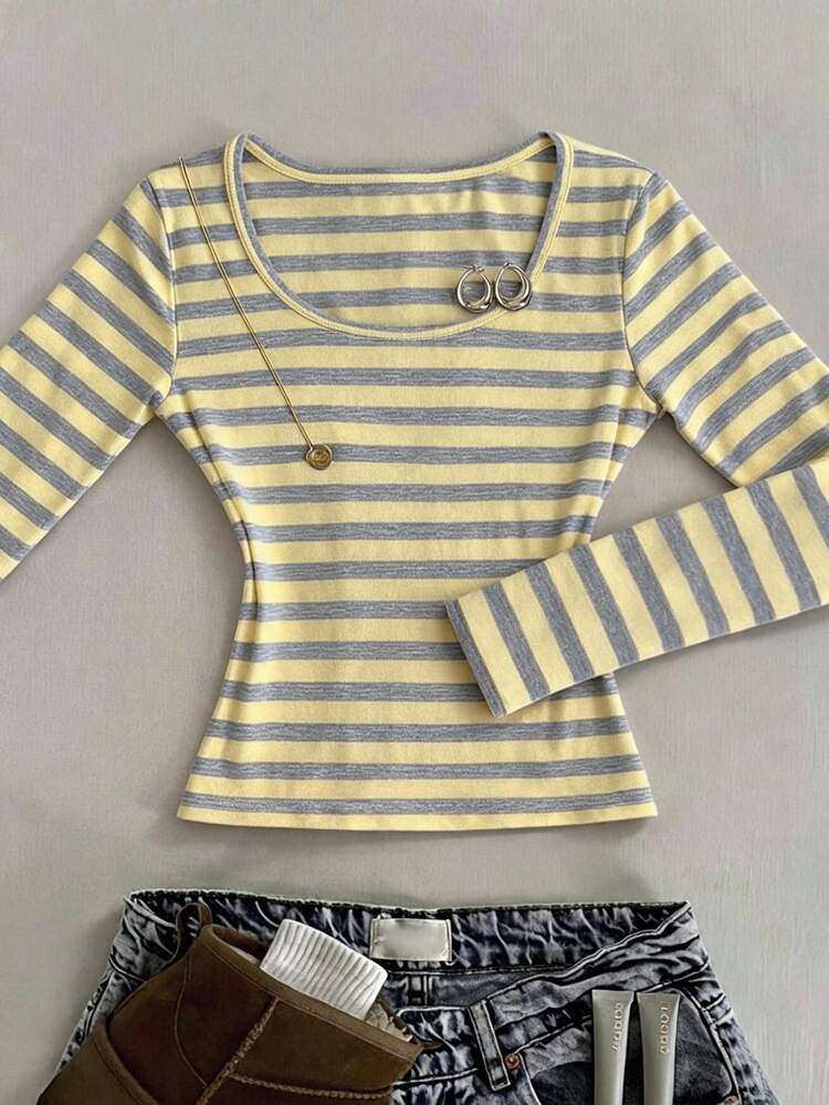 SHEIN Tween Girl Ribbed Crew Neck Stretch Slim Fit All-Match Versatile Simple Long Sleeve T-Shirt, Comfortable Fall/Winter - Yellow - View 2