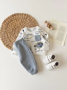 Newborn Baby Boy/Girl Autumn/Winter Cute Cartoon Pattern Long Sleeve Sweatshirt & Pants Set - Light Grey - View 7