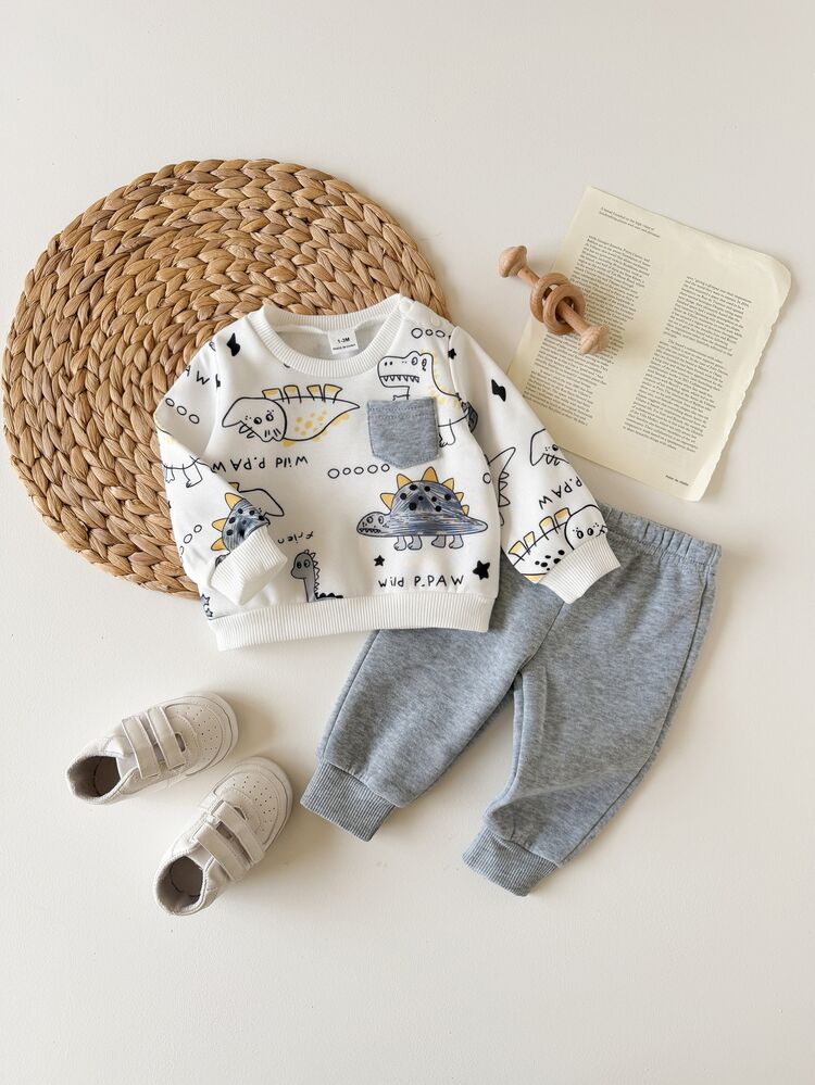 Newborn Baby Boy/Girl Autumn/Winter Cute Cartoon Pattern Long Sleeve Sweatshirt & Pants Set - Light Grey - View 2