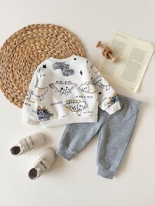 Newborn Baby Boy/Girl Autumn/Winter Cute Cartoon Pattern Long Sleeve Sweatshirt & Pants Set - Light Grey - View 3