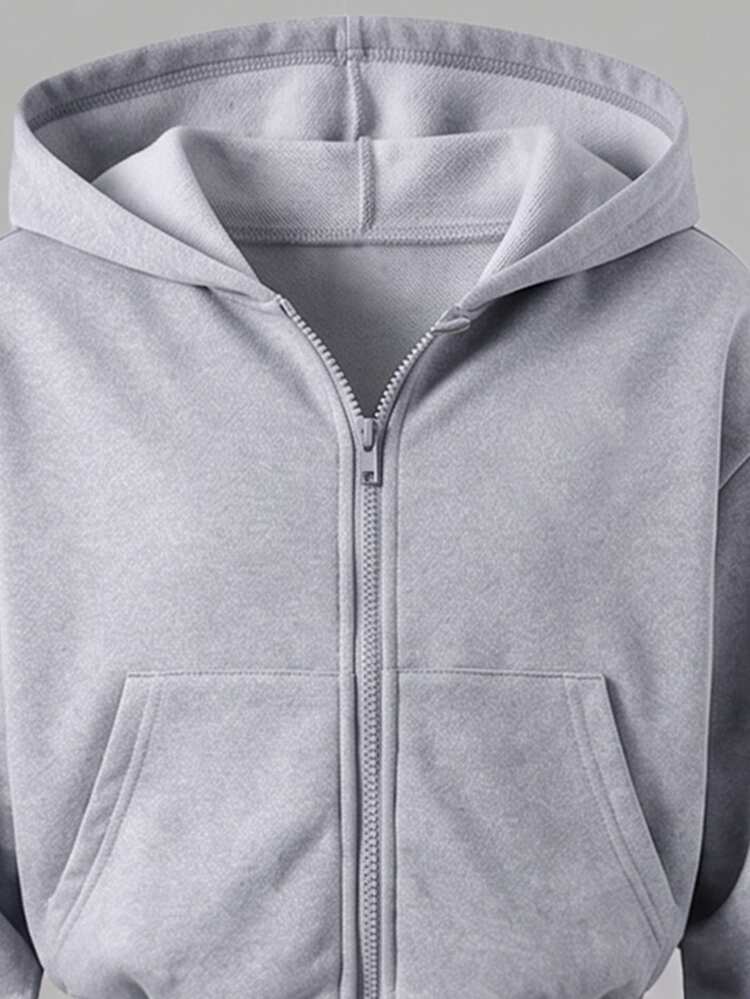 SHEIN Tween Girl Casual Athletic Sports Grey Hooded Long Sleeve Ribbed Cuffs Pocket Zipper Front Mid-Waist Elastic Waist Long Pants Autumn Set Light Grey - Grey - View 7