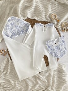 SHEIN 新生兒秋冬款極簡俏皮白色雙面刷毛布拼接藍色印花滾邊彼得潘領蝴蝶結貼花柔軟舒適 - 藍色 - 查看 2