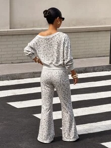 Muchica Women Fall Casual Leopard Print Two‑Piece Set, Off‑Shoulder Long Sleeve Sweatshirt & Drawstring High Waist Wide Leg Sweatpants Tracksuit Outfit - Multicolor - View 2